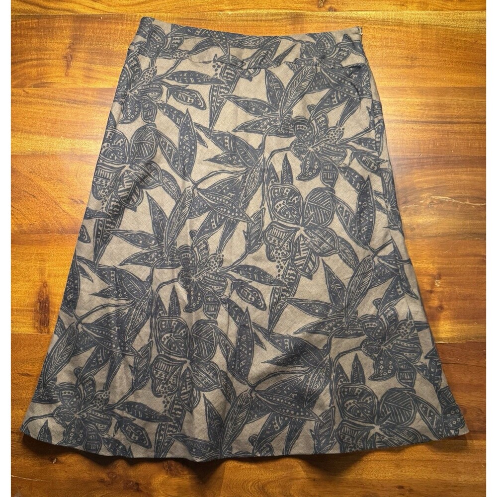 Style & Co 100% Linen Botanical Floral A-Line Skirt Brown Gray Size 10 Side Zip